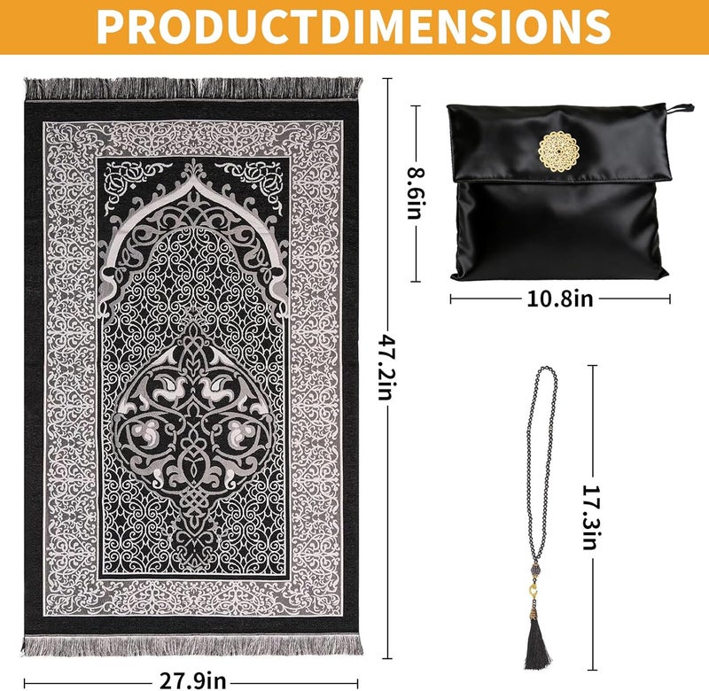 Pomefar Ramadan Prayer Mat, Portable Travel Praying Rug with Prayer Bead & Storage Bag, Foldable Washable Polyester for WomenBlack) - Image 3