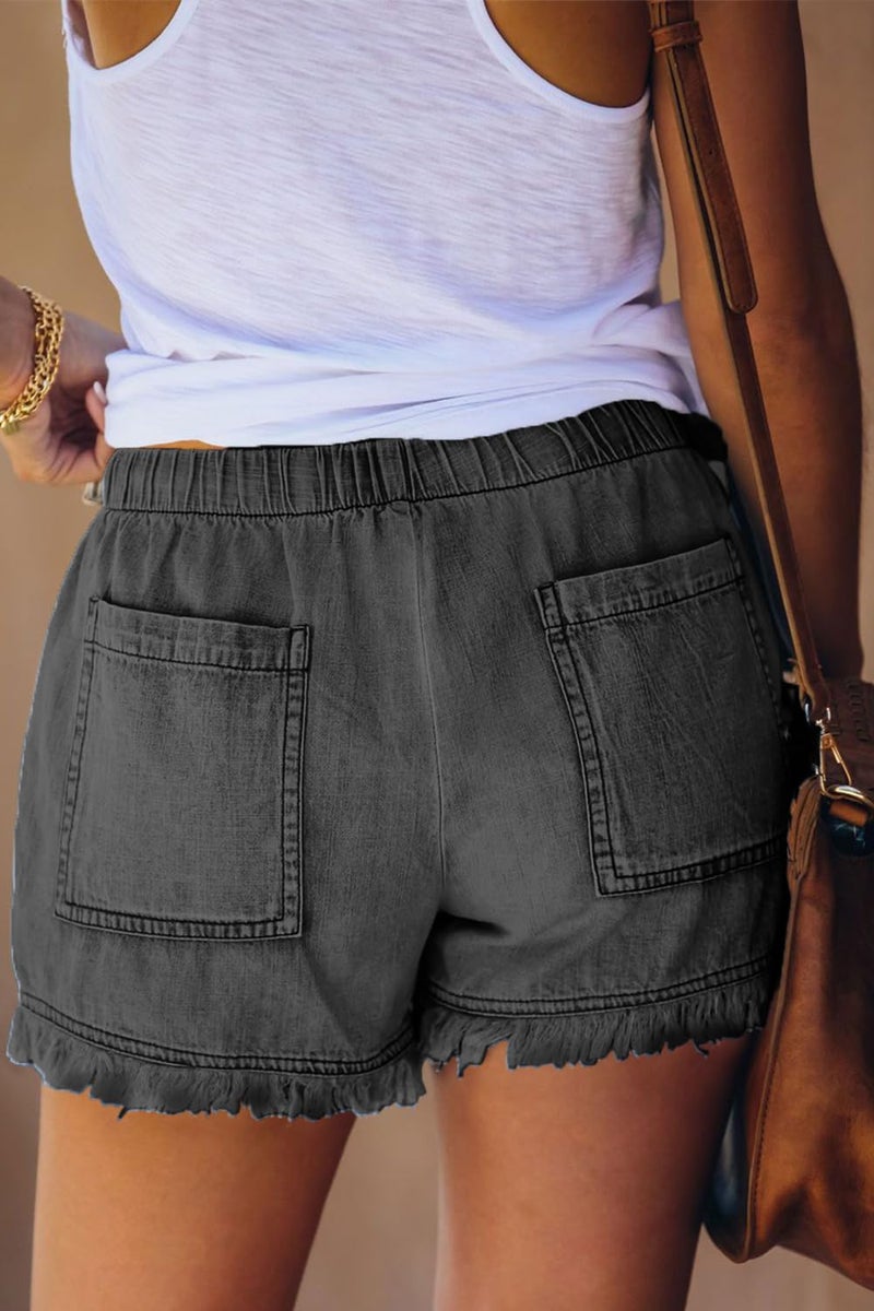 YOCUR Womens Jean Shorts Mid Waisted Paperbag Drawstring Tassel 3 Inseam Petite Denim Shorts Summer Casual Cute Juniors Cotton Hot Pants Grey M - Image 2