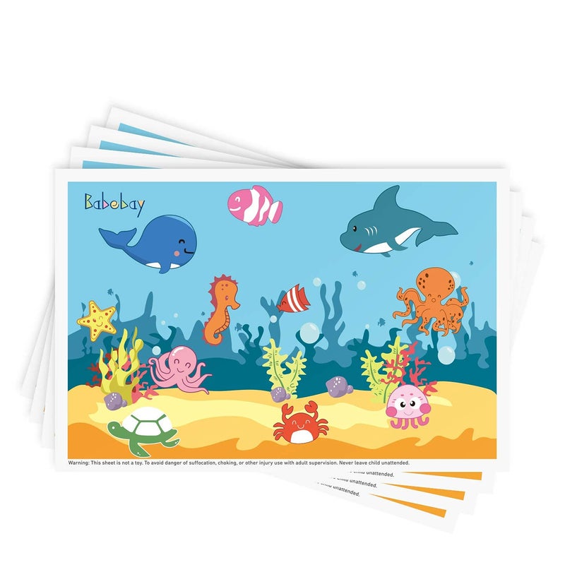 Babebay Disposable Stick-on Placemats 40 Pack for Baby & Kids, Toddler Placemats in Reusable Pouch 12" x 18" (Blue Ocean Life) - Image 1