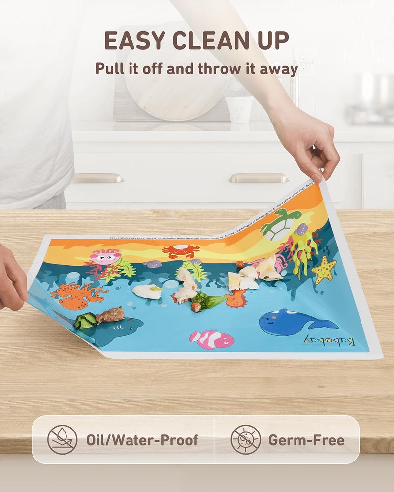 Babebay Disposable Stick-on Placemats 40 Pack for Baby & Kids, Toddler Placemats in Reusable Pouch 12" x 18" (Blue Ocean Life) - Image 4