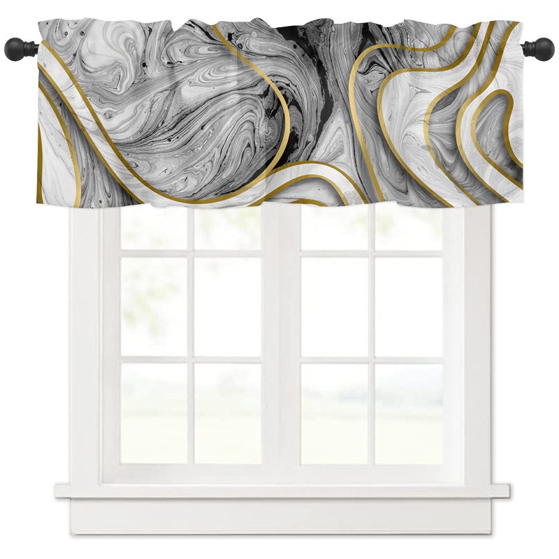 Savannan Window Curtains Valances Marble Texture Line Black Gold White Rod Pocket Cafe Valance Short Curtains for Kitchen Bedroom Living Room 1 Panel 54X18