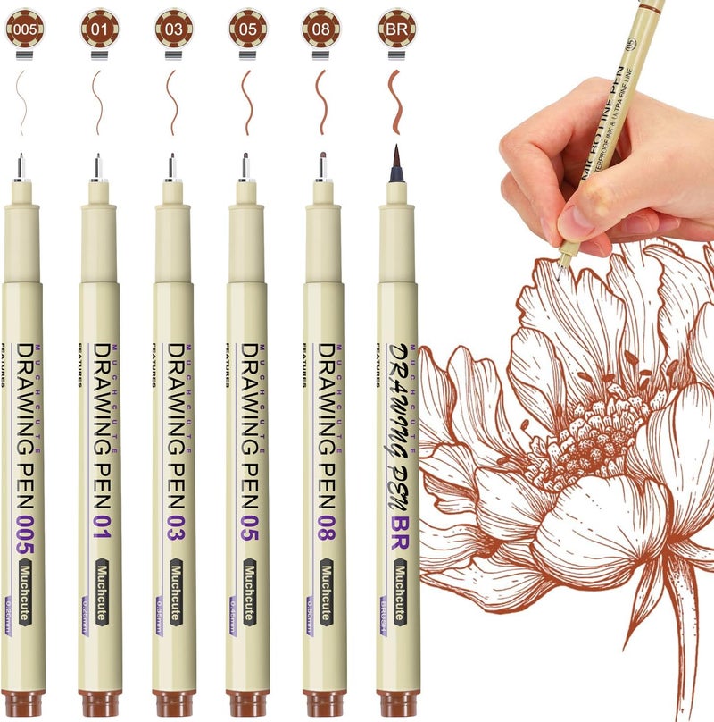 KOUSICOO Muchcute Micro Fineliner Drawing Art Pens: 6 Sepia Fine Line Waterproof Ink Set Artist Supplies Brown Archival Inking Marker Liner Sketch Outline Manga Anime Gifts Sketching Watercolor Zentangle Stuff - Image 1