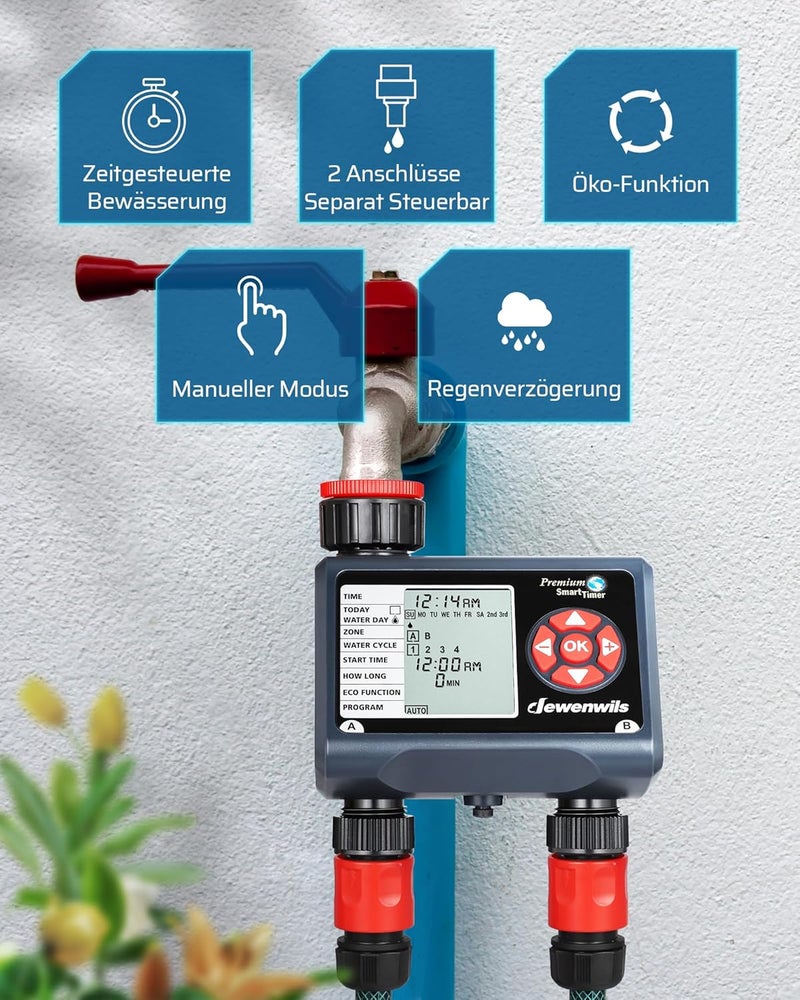 DEWENWILS Irrigation Computer with 2 Independent Outputs, Watering Timer for Garden, Weekdays Programmable, 4 Irrigation Per Output Per Day, Waterproof, CE Certified - Image 3