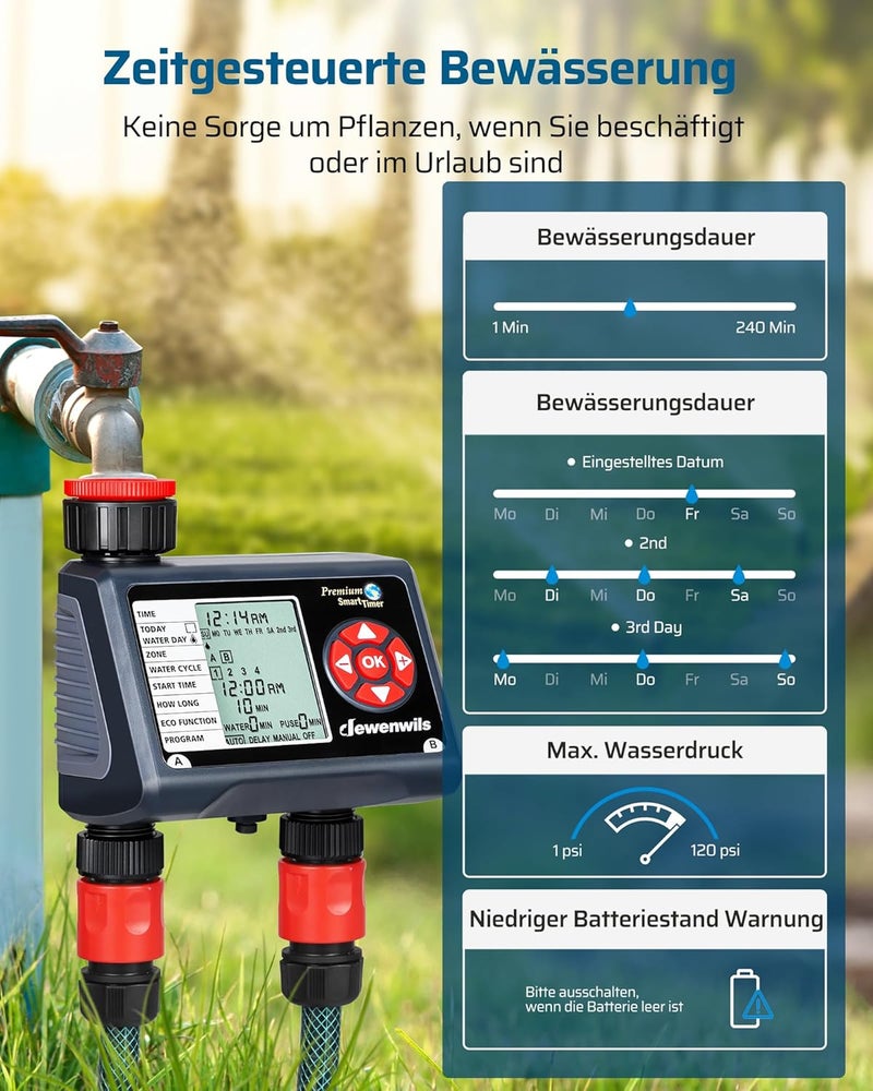 DEWENWILS Irrigation Computer with 2 Independent Outputs, Watering Timer for Garden, Weekdays Programmable, 4 Irrigation Per Output Per Day, Waterproof, CE Certified - Image 4