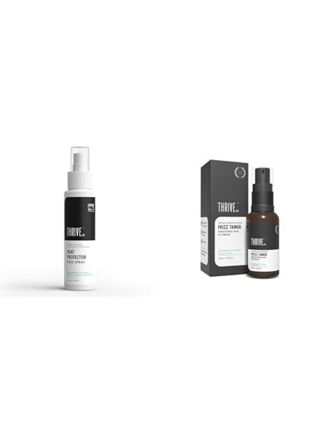 ThriveCo Pro Hair Styling Kit - HEAT PROTECTOR HAIR SPRAY (150ml) + Frizz Tamer Smoothing Hair oil Serum 30ml  | 12+ HOURS SHINE | Instantly Reduces Frizz & Flyaways - Image 1