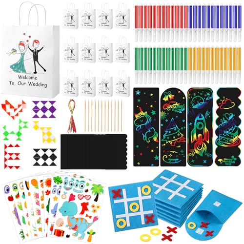 VercanMonth 60 Pcs Wedding Activities for Kids Includes 12 Gift Goodie Bags 12 Watercolor Pens 6 Snake Cube 12 Scratch Bookmarks 12 Animal Sticker 6 Felt Mini Board Game for Boys Girls Wedding Games - Image 1
