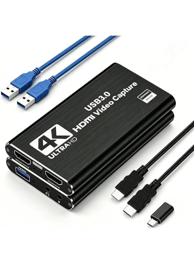 HDMI video capture card with 4K pass-through at 60Hz and 1080P recording at 60FPS, with USB 3.0 Type-A and Type-C for streaming, game recording, and OBS support. - Image 1