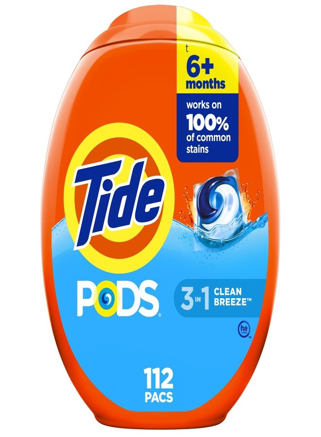 تايد أكياس صابون منظف الغسيل Tide PODS، متوافقة مع HE، 112 قطعة، تنظيف قوي 3 في 1، نسيم نظيف - Image 1