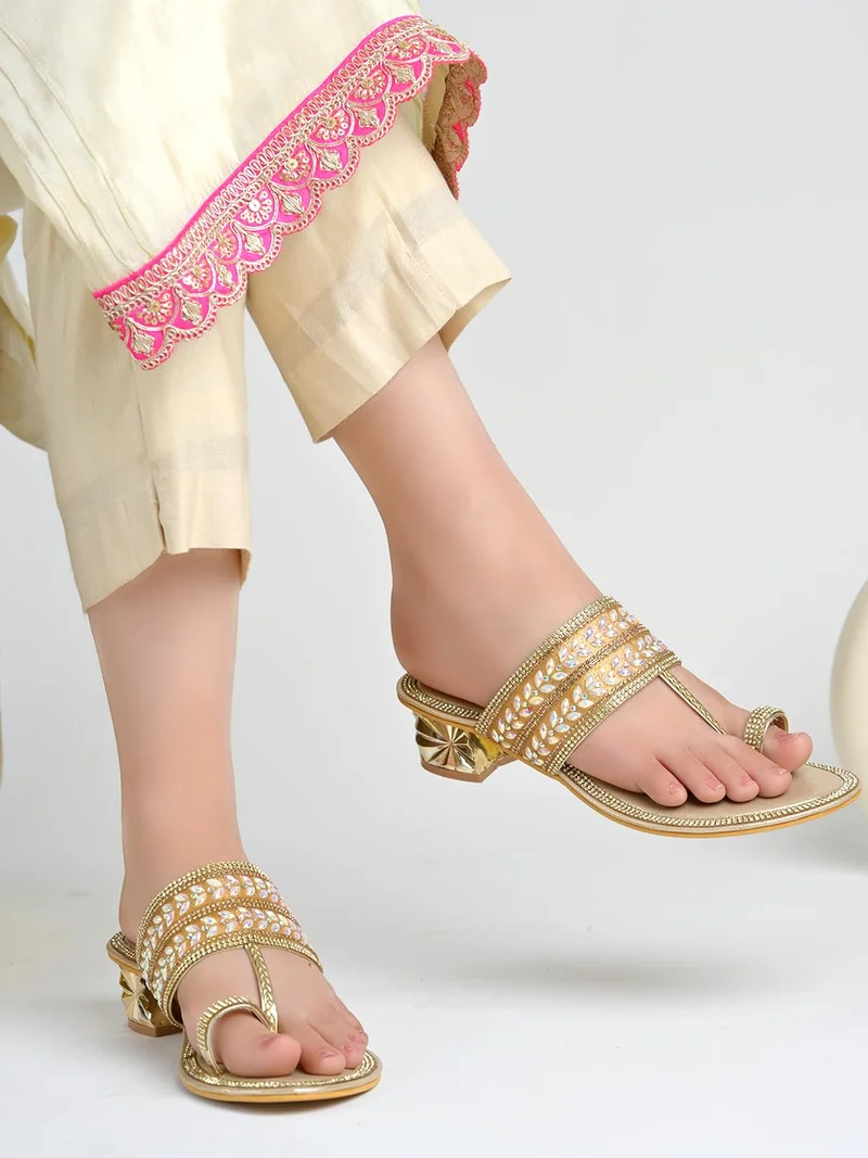 Shoetopia Shoetopia Women’s Golden Heel Sandals Block Heel Party Footwear Slip-On Footwear Elegant Shimmery Sandals for Wedding, Festive & Casual Outfits EU36