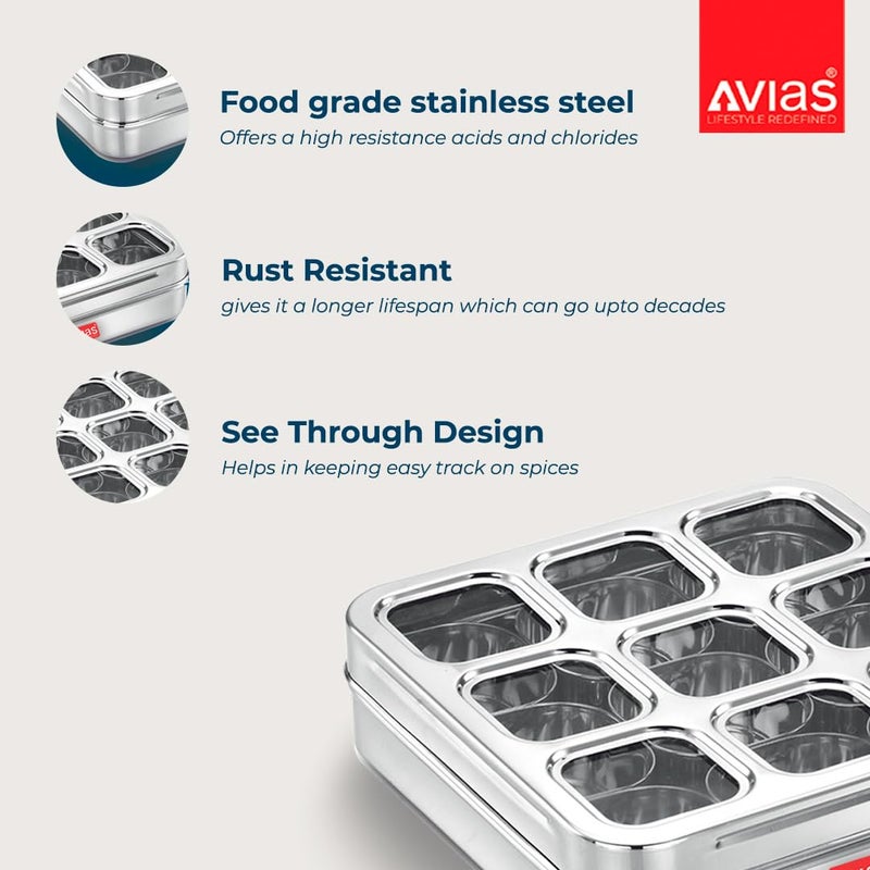 AVIAS 9 Square Stainless Steel Spice Box, Organiser with 9 Compartment, Popula Dabba, Square Masala Dani for Kitchen, Rust Resistant See-Through Lid with Unbreakable Acrylic Sheet, Design, Large - Image 2