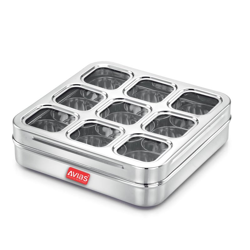 AVIAS 9 Square Stainless Steel Spice Box, Organiser with 9 Compartment, Popula Dabba, Square Masala Dani for Kitchen, Rust Resistant See-Through Lid with Unbreakable Acrylic Sheet, Design, Large - Image 1