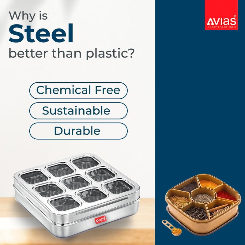 AVIAS 9 Square Stainless Steel Spice Box, Organiser with 9 Compartment, Popula Dabba, Square Masala Dani for Kitchen, Rust Resistant See-Through Lid with Unbreakable Acrylic Sheet, Design, Large - Image 3