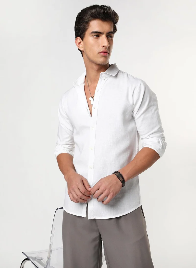أوربانو فاشن Urbano Fashion Men's White Linen Blend Full Sleeve Relaxed Fit Casual Solid Shirt