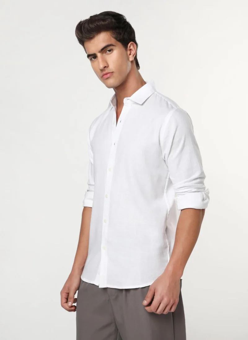 Urbano Fashion Men's White Linen Blend Full Sleeve Relaxed Fit Casual Solid Shirt