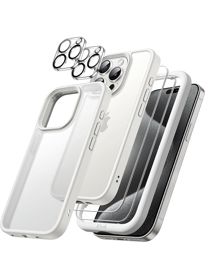 Jetech 5 In 1 Matte Case For Iphone 15 Pro Max 6.7 Inch With 2 Pack Each Tempered Glass Screen Protector And Camera Lens Protector Translucent Back Shockproof Phone Cover White - Image 1