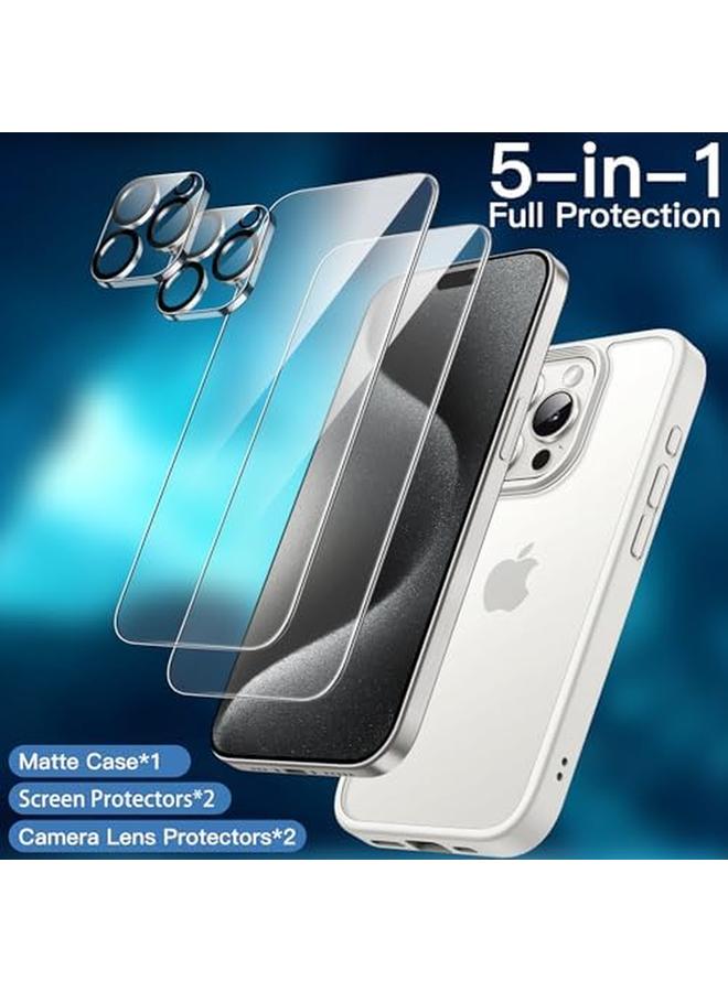 Jetech 5 In 1 Matte Case For Iphone 15 Pro Max 6.7 Inch With 2 Pack Each Tempered Glass Screen Protector And Camera Lens Protector Translucent Back Shockproof Phone Cover White - Image 3
