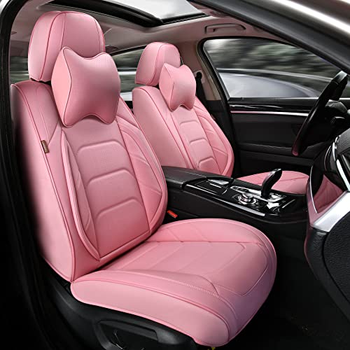 TIEHESYT Pink Car Seat Covers Front Pair Breathable Leather Automotive Front Seat Covers Headrest for Comfortable Driving Universal Auto Interior Fit for Most Kinds of Vehicles - Image 1
