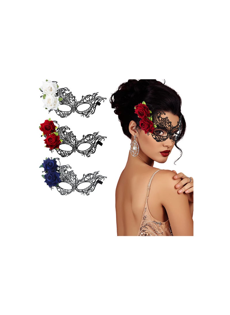 Masquerade Mask for Women, Multicolored Rose Flower Lace Venetian Face Cover for  Mardi Gras Party, Mask Evening Prom, Ball Mask Bar Costumes Accessory Venetian Ball Prom (3 packs)  - Image 1