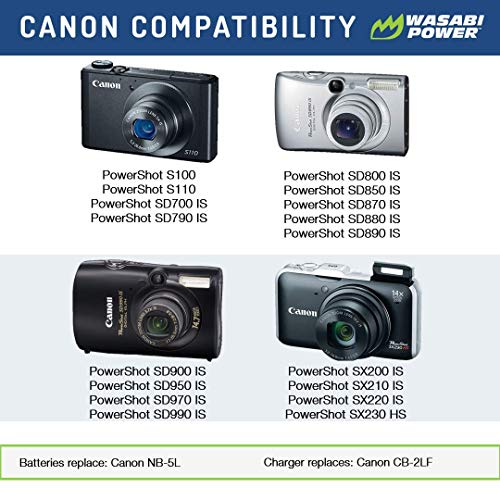 Wasabi Power Battery (2-Pack) and Charger for Canon NB-5L and Canon PowerShot S100, S110, SD700 IS, SD790 IS, SD800 IS, SD850 IS, SD870 IS, SD880 IS, SD890 IS, SD900 IS, SD950 IS, SD970 IS, SD990 IS, SX200 IS, SX210 IS, SX220 IS, SX230 HS - Image 2