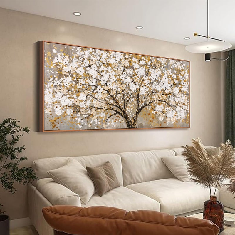 EMODA ALAYRA Gold Tree of Life Wall Art with Outer Frame, Large Abstract Nature Canvas Wall Painting for Living Room, Bedroom & Office, Modern Framed Wall Decor, 60 x 120 cm - Image 1