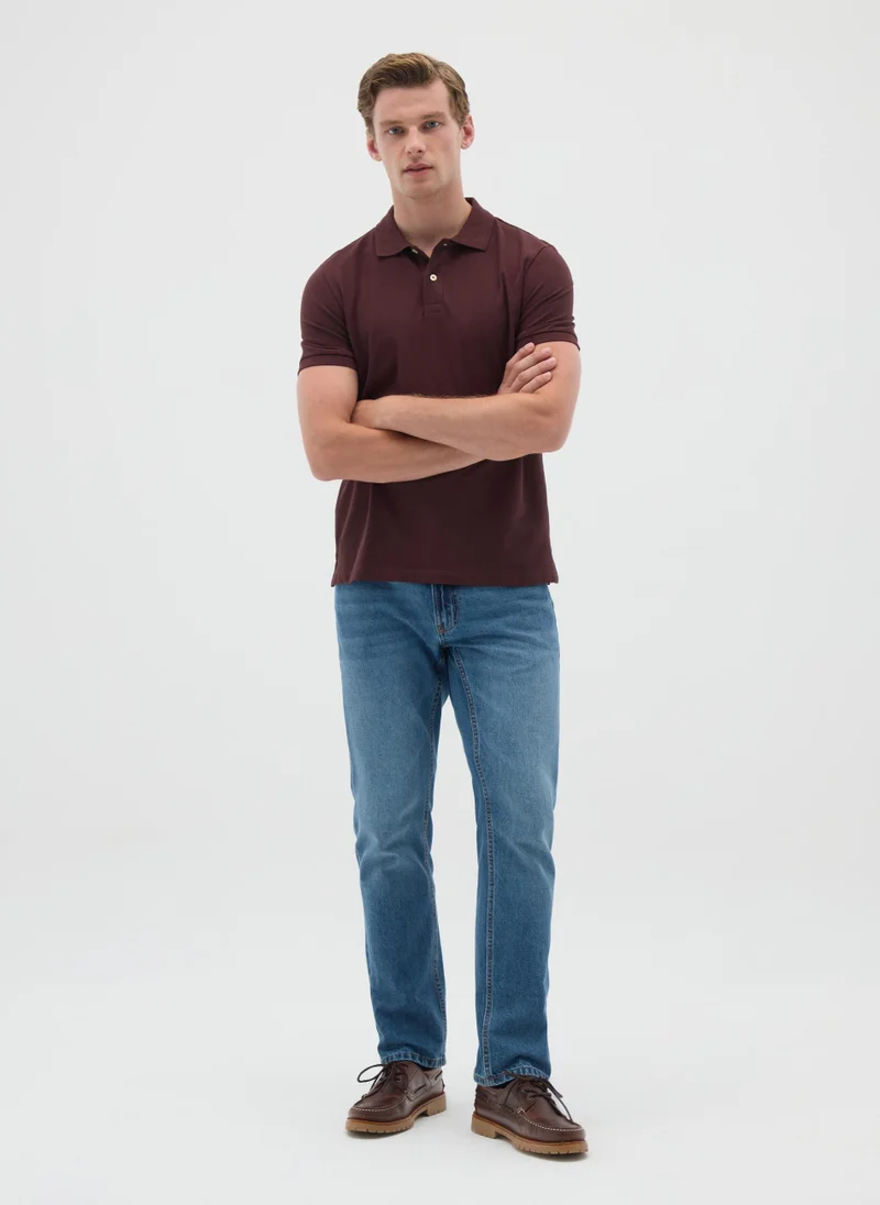او في اس MEN'S BROWN PURE COTTON REGULAR FIT POLO