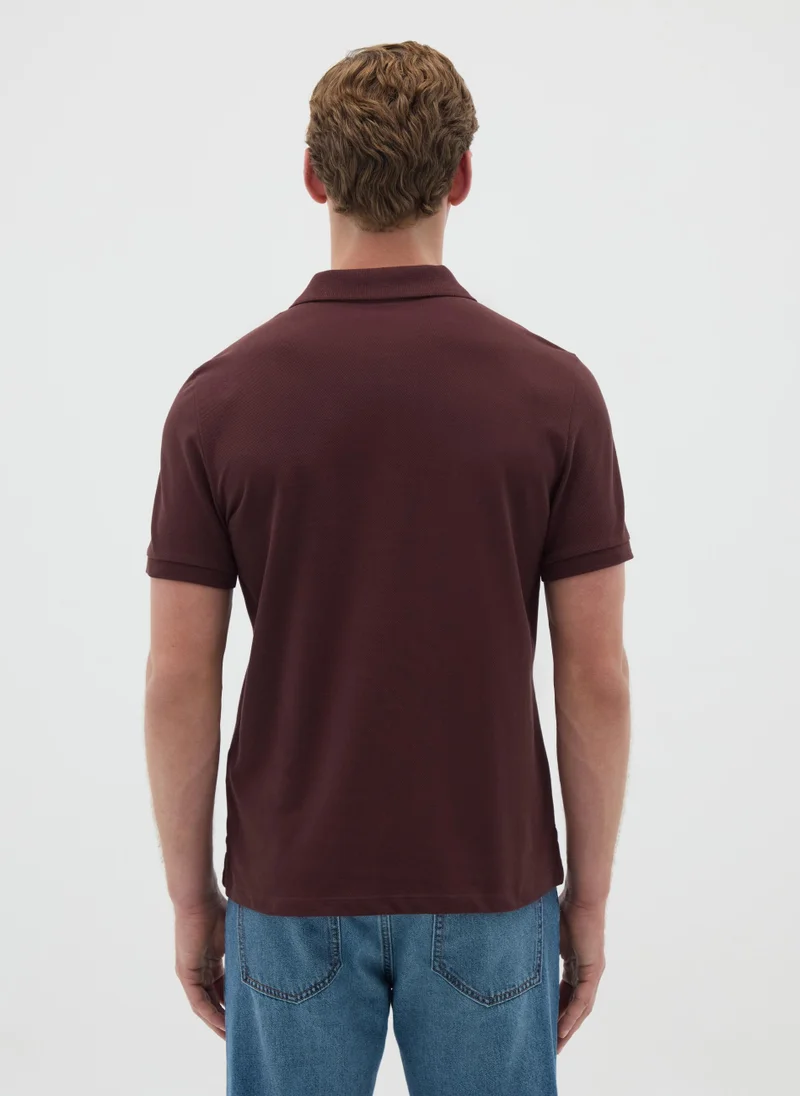 او في اس MEN'S BROWN PURE COTTON REGULAR FIT POLO