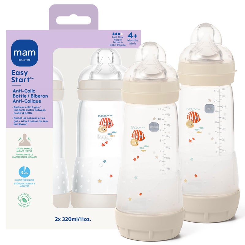 MAM 11oz Easy Start Anti-Colic Wide Neck Baby Bottle, Fast Flow Breastfeeding-Like Nipple, Reduces Colic Gas & Reflux, Easy to Clean, BPA Free, 4+ Months, Made in Europe, 2 Pack - Image 1