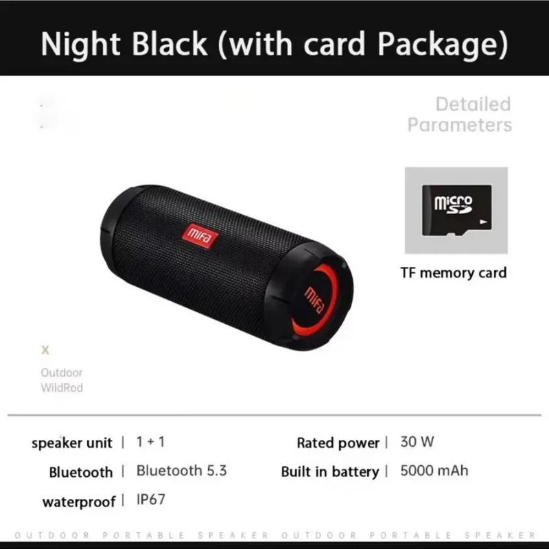 Mifa Wildrod Portable Wireless Bluetooth Speaker Outdoor Camping Speaker Bluetooth 5.3 Ip67 Waterproof + Card, Black - Image 1