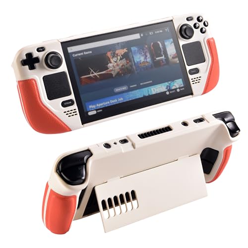 UYIYE Kickstand Case for Steam Deck,Soft Leather Handle Protective, Anti-Slip Shockproof Heat Dissipation,Protective and Reliable Accessory with Stand Function for Steam Deck OLED & LCD Beige/Orange - Image 1