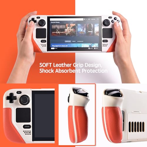 UYIYE Kickstand Case for Steam Deck,Soft Leather Handle Protective, Anti-Slip Shockproof Heat Dissipation,Protective and Reliable Accessory with Stand Function for Steam Deck OLED & LCD Beige/Orange - Image 2