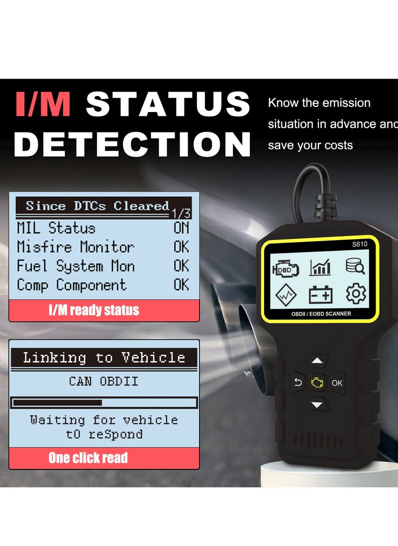 جيرزون قارئ رموز أعطال السيارات والدراجات النارية S610 OBD II ماسح ضوئي، قارئ رموز أعطال محرك السيارة، قراءة ومسح رموز الأخطاء لجميع المركبات التي تستخدم بروتوكول OBD2 (أسود)  - Image 3