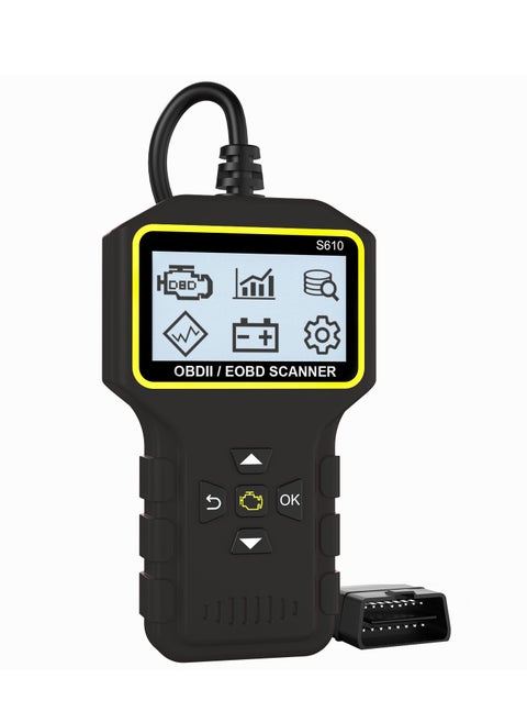 قارئ رموز أعطال السيارات والدراجات النارية S610 OBD II ماسح ضوئي، قارئ رموز أعطال محرك السيارة، قراءة ومسح رموز الأخطاء لجميع المركبات التي تستخدم بروتوكول OBD2 (أسود)