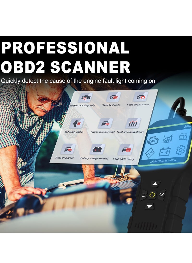 جيرزون قارئ رموز أعطال السيارات والدراجات النارية S610 OBD II ماسح ضوئي، قارئ رموز أعطال محرك السيارة، قراءة ومسح رموز الأخطاء لجميع المركبات التي تستخدم بروتوكول OBD2 (أسود)  - Image 5