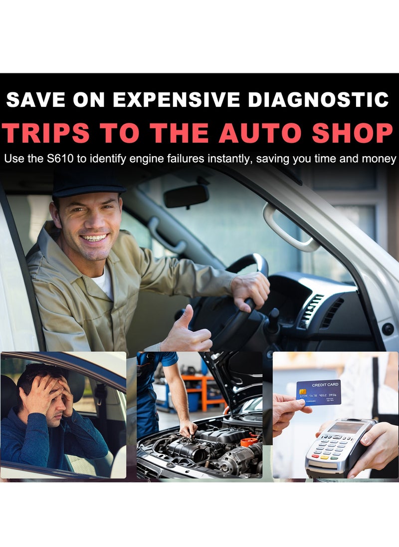 قارئ رموز أعطال السيارات والدراجات النارية S610 OBD II ماسح ضوئي، قارئ رموز أعطال محرك السيارة، قراءة ومسح رموز الأخطاء لجميع المركبات التي تستخدم بروتوكول OBD2 (أسود)