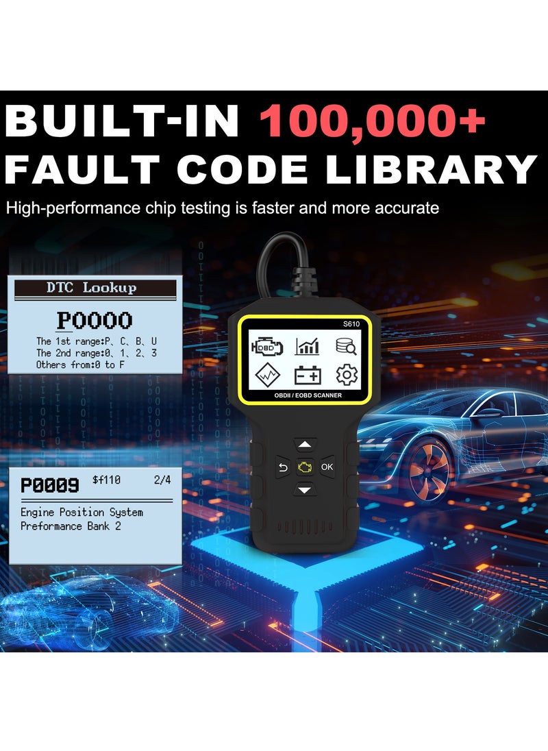 قارئ رموز أعطال السيارات والدراجات النارية S610 OBD II ماسح ضوئي، قارئ رموز أعطال محرك السيارة، قراءة ومسح رموز الأخطاء لجميع المركبات التي تستخدم بروتوكول OBD2 (أسود)