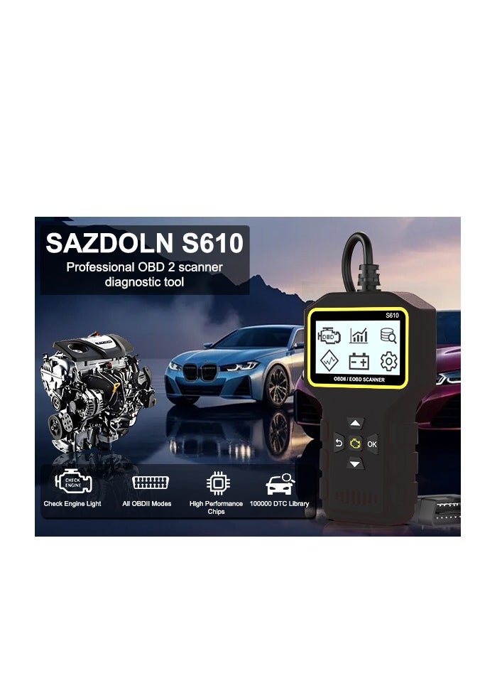 قارئ رموز أعطال السيارات والدراجات النارية S610 OBD II ماسح ضوئي، قارئ رموز أعطال محرك السيارة، قراءة ومسح رموز الأخطاء لجميع المركبات التي تستخدم بروتوكول OBD2 (أسود)