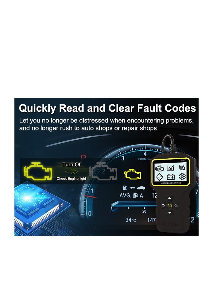 قارئ رموز أعطال السيارات والدراجات النارية S610 OBD II ماسح ضوئي، قارئ رموز أعطال محرك السيارة، قراءة ومسح رموز الأخطاء لجميع المركبات التي تستخدم بروتوكول OBD2 (أسود)