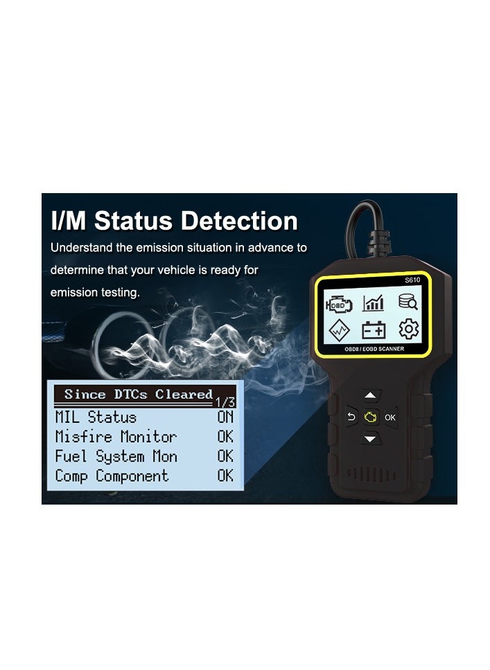 قارئ رموز أعطال السيارات والدراجات النارية S610 OBD II ماسح ضوئي، قارئ رموز أعطال محرك السيارة، قراءة ومسح رموز الأخطاء لجميع المركبات التي تستخدم بروتوكول OBD2 (أسود)
