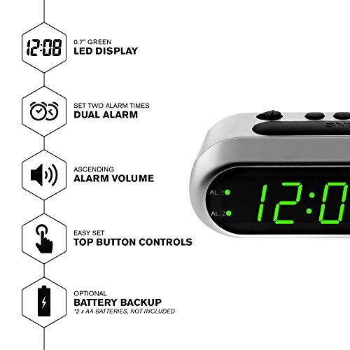 Sharp Digital Alarm Clock - Ascending Alarm Begins Faintly and Grows Increasing Louder, Gentle Wake Up Experience, Dual Alarm - Battery Back-up, Easy to Use with Simple Operation (Brushed Silver) - Image 2