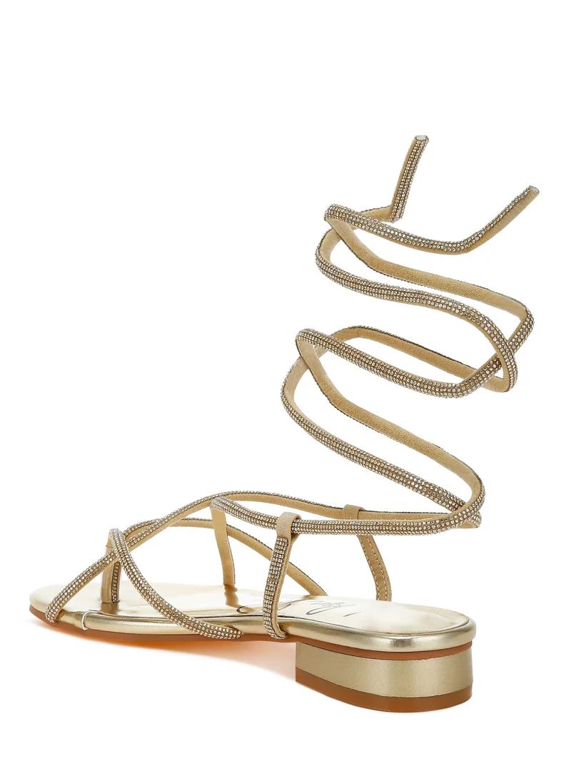 London Rag Rhinestone Embellished Lace-Up Sandals in Gold