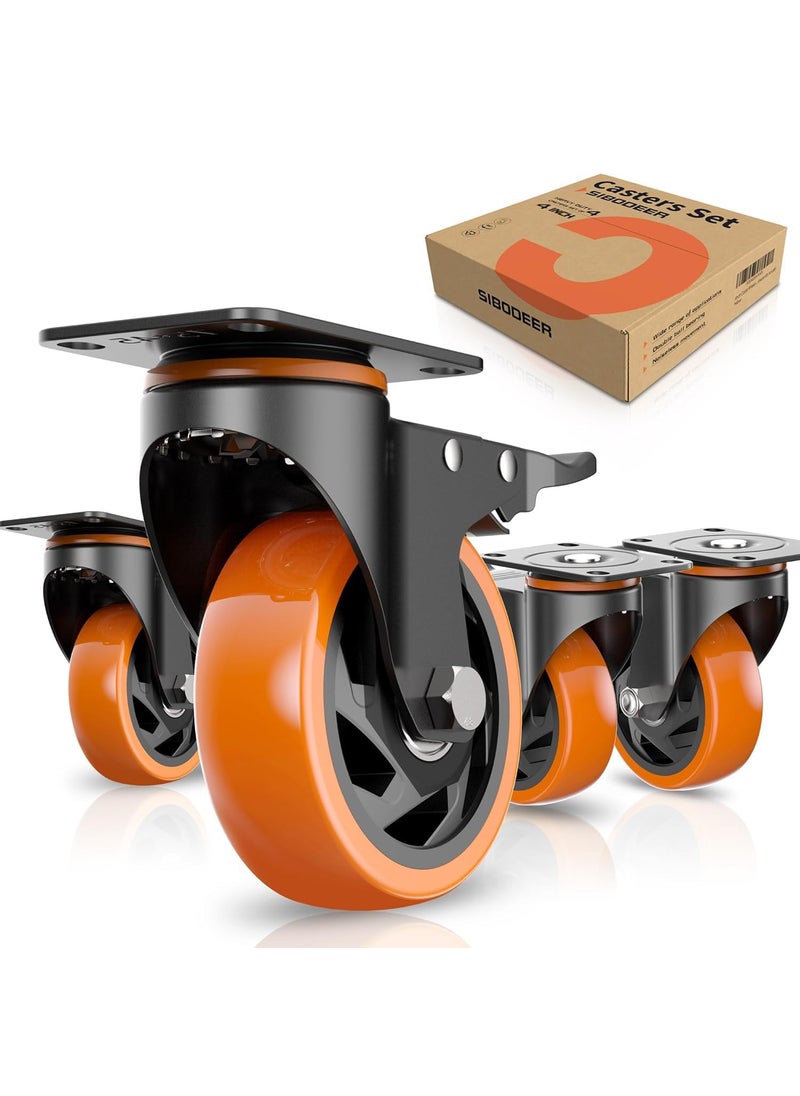 Sibodeer 4Inch Caster Wheels Set of 4 Heavy Duty Casters with Brake 2200 LbsLocking Casters Wheels for Furniture Castor Wheels for Cart WorkbenchTwo Hardware Kits Include 