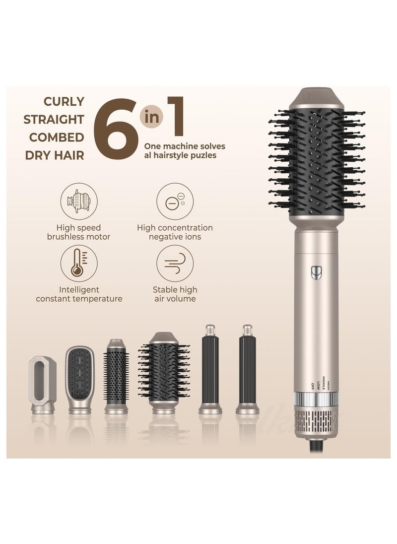 Generic - 6-in-1 Hot Air Brush and Hair Straightener, 60000RPM Ionic Blow Dryer, 3 Temperature Settings, 1000W Thermal Volumizing Brush, Gold and Black Air Curler Wand. - Image 1