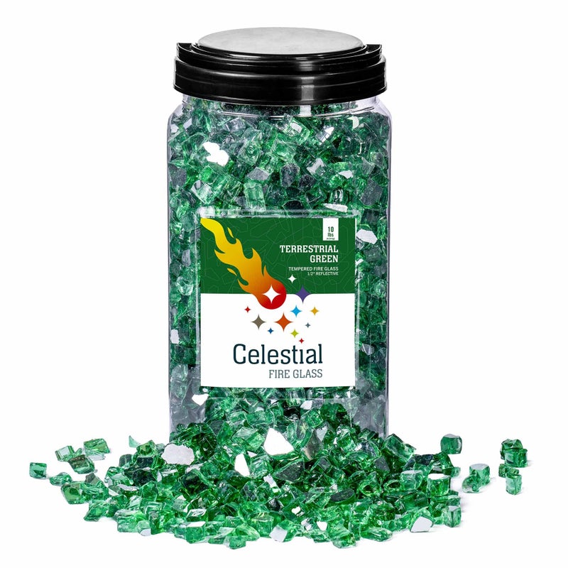 Celestial Fire Glass Celestial Fire Glass High Luster 12 Reflective Tempered Fire Glass in Terrestrial Green  10 Pound Jar 