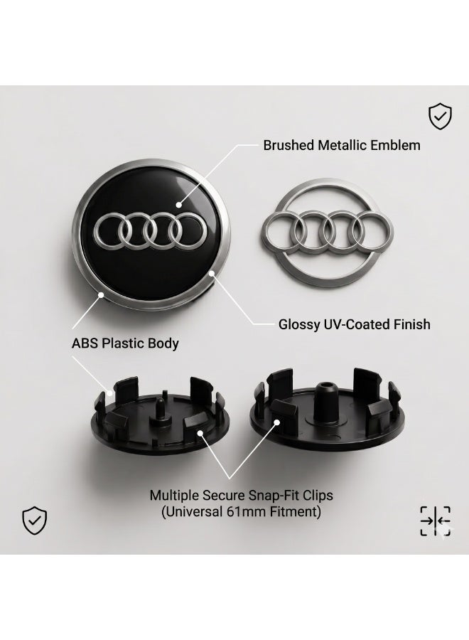 61mm Wheel Center Hub Caps for Audi, Set of 4 Black Alloy Rim Covers, Easy Clip-On Fit Replacement Durable Wheel Center Caps - Image 5