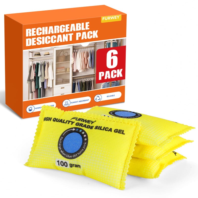 FURWEY 100g (6 Packs) Rechargeable Desiccant Packs for Storage, Color Indicating Silica Gel Desiccant Packets, Moisture absorbers for storage,Dehumidifier bag for Closets,Cars,Storage Bins - Image 1