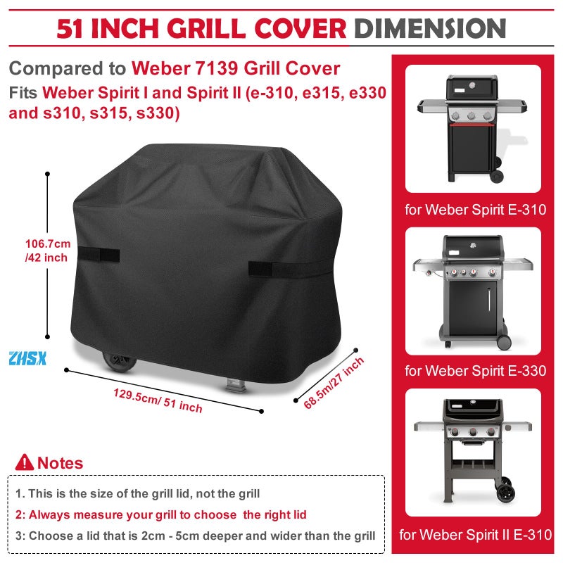 ZHSX Grill Cover,51 inch Heavy Duty Waterproof Grill Cover for Outdoor Grill,600D Anti-UV Fade-Resistant Barbecue Gas Cover with Adjustable Straps for Weber,Genesis,Charbroil and More Grills - Image 3