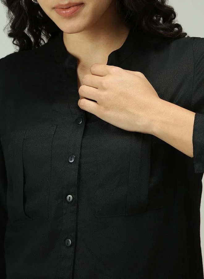 Outzidr  Black Solid Shirt with Roll-Up Sleeves for Women | Best Price UAE