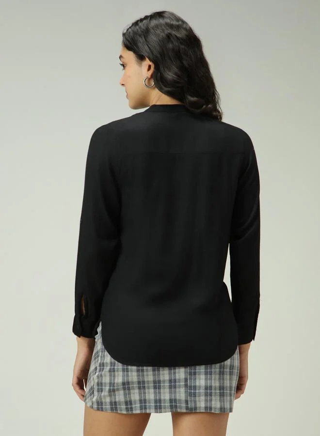 Outzidr  Black Solid Shirt with Roll-Up Sleeves for Women | Best Price UAE
