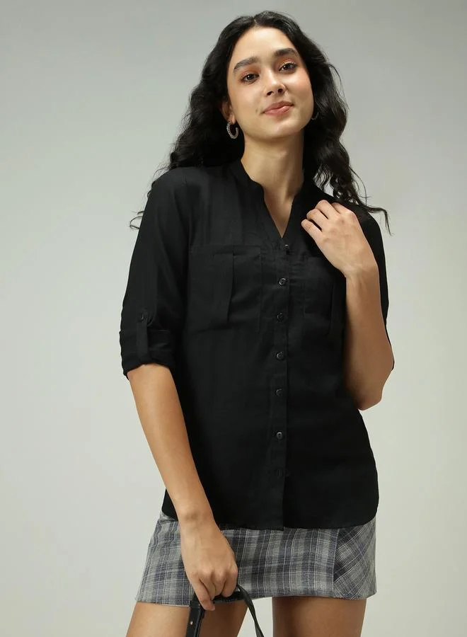 Outzidr  Black Solid Shirt with Roll-Up Sleeves for Women | Best Price UAE