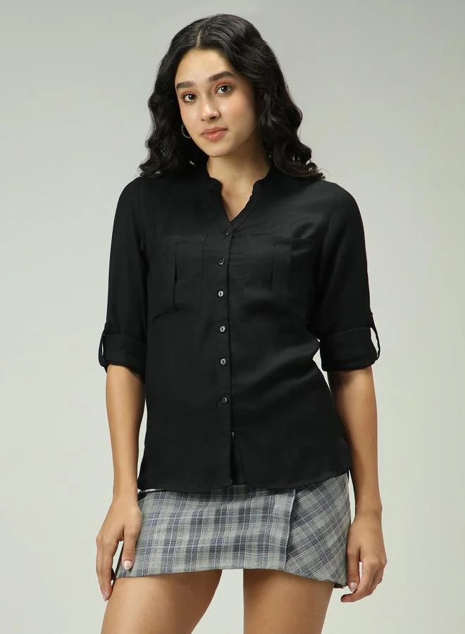 OUTZIDR Black Solid Shirt with Roll-Up Sleeves